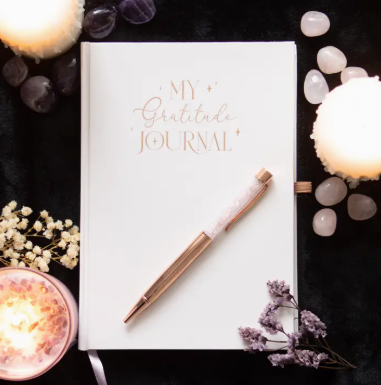 Gratitude Journal Notebook with Rose Quartz Crytal Chip Pen