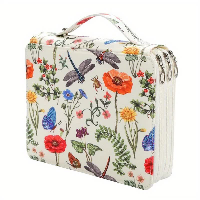 NNEDSZ White Floral Design Portable Zippered Pencil Case - 3-Layer Large Capacity Organizer for Stationery & Art Supplies-0