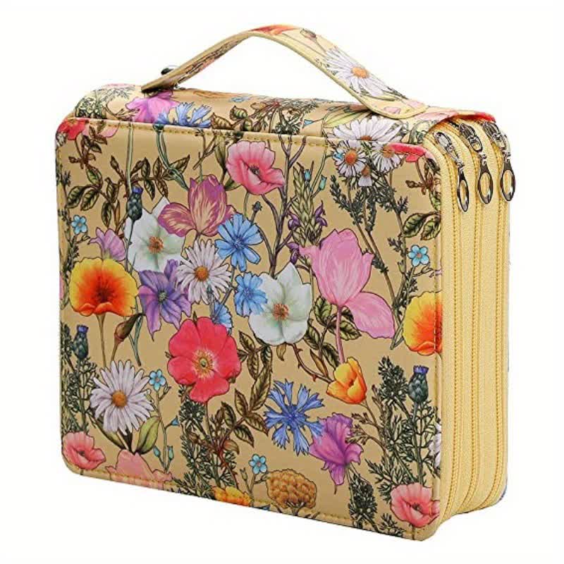NNEDSZ Yellow Floral Design Portable Zippered Pencil Case - 3-Layer Large Capacity Organizer for Stationery & Art Supplies-0