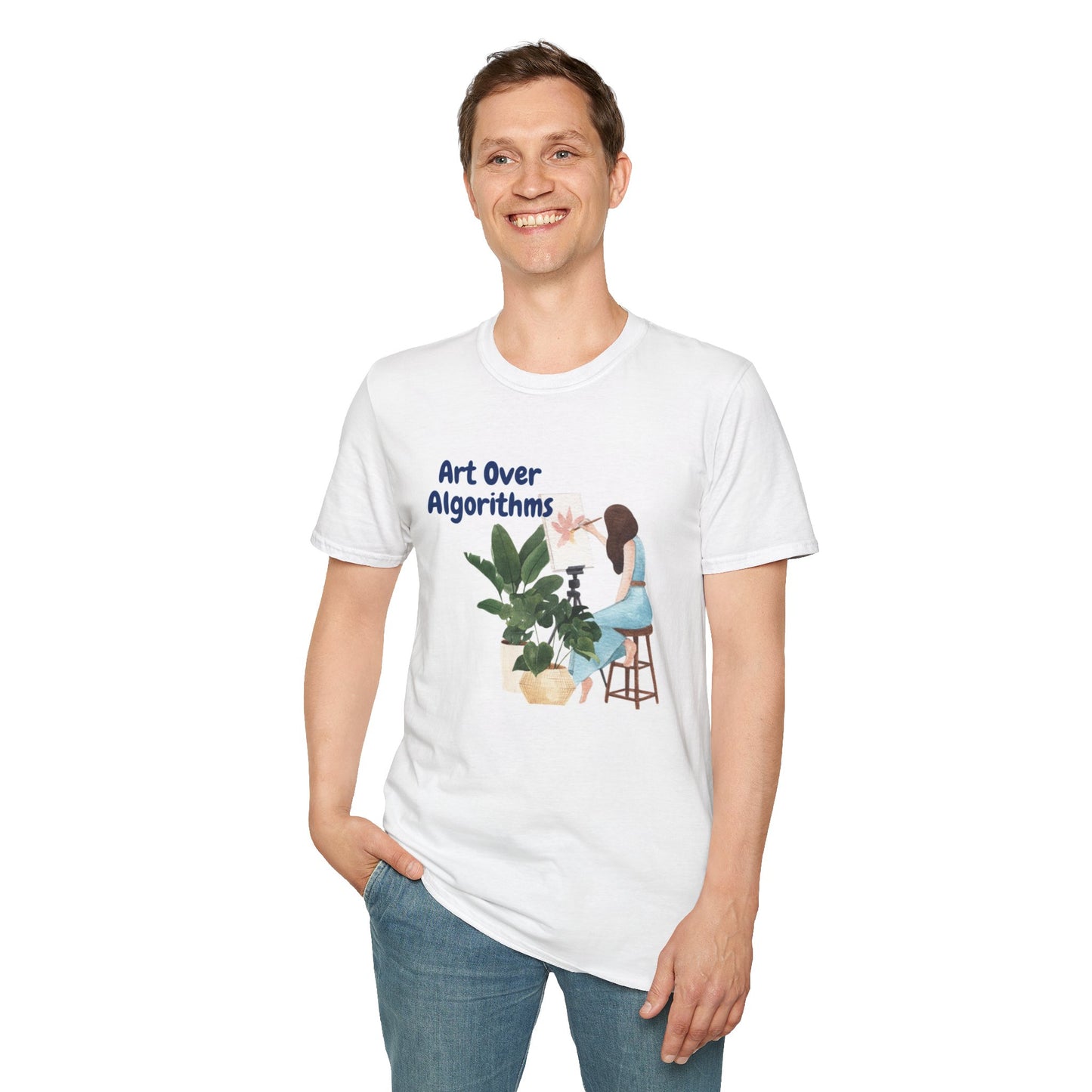 Art Over Algorithms Unisex T-Shirt | Softstyle Tee for Artists, Plant Lovers, Eco-conscious Gifts, Celebrating Creativity, Everyday Wear